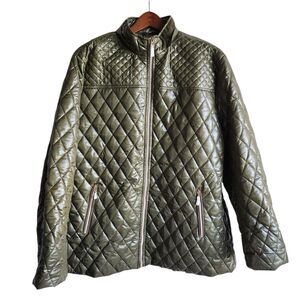 White Mark Quilted Puffer Jacket Womens 3XL Olive Green High-Shine Diamond Quilt